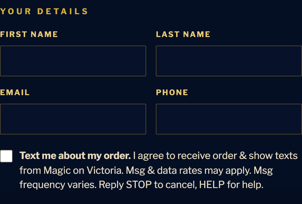 Live checkout SMS consent checkbox, unchecked by default, beneath the phone field on the Magic on Victoria checkout page.