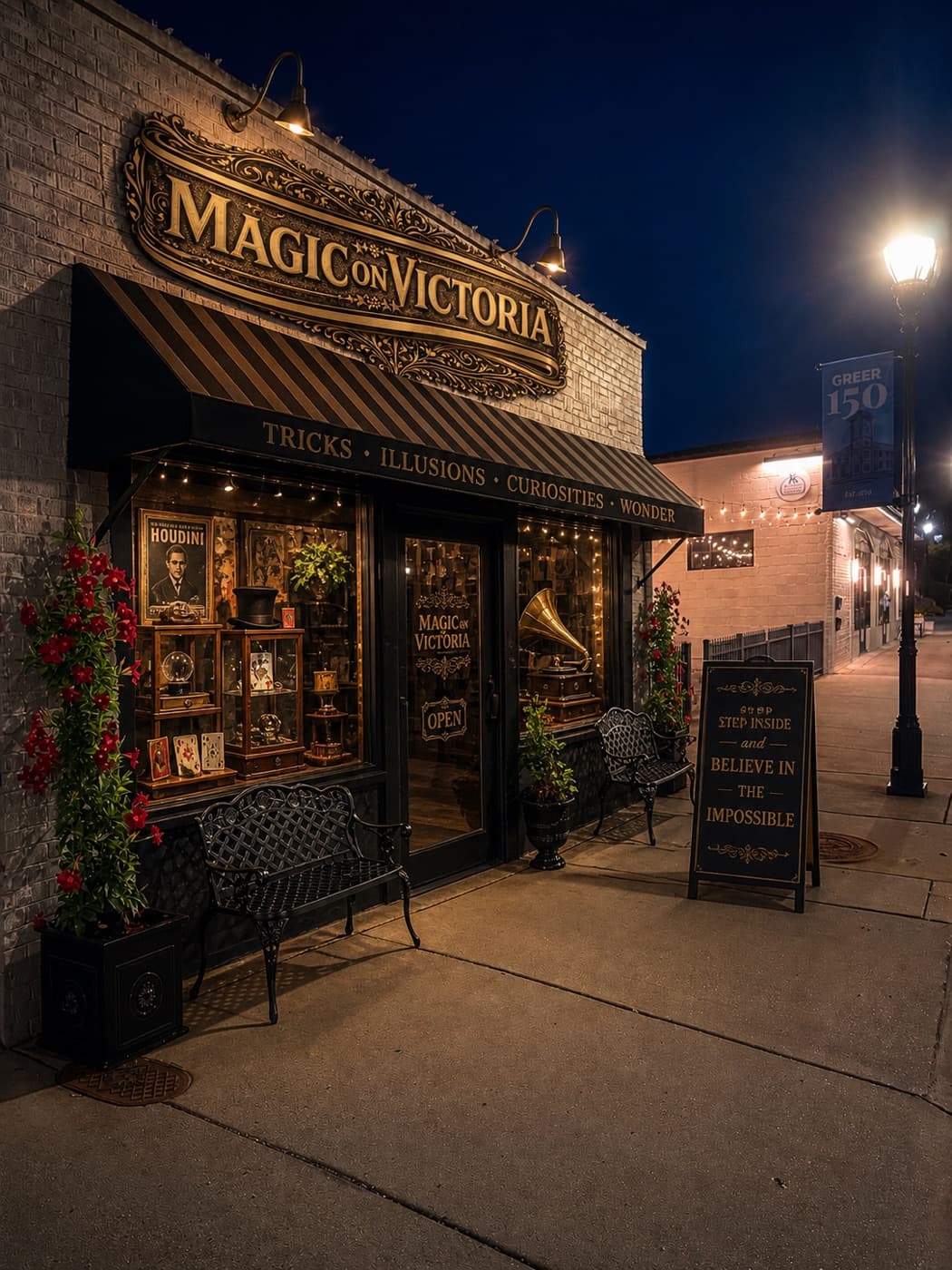 The Magic on Victoria storefront at night — gold sign, awning, and a warmly lit window display on Victoria Street